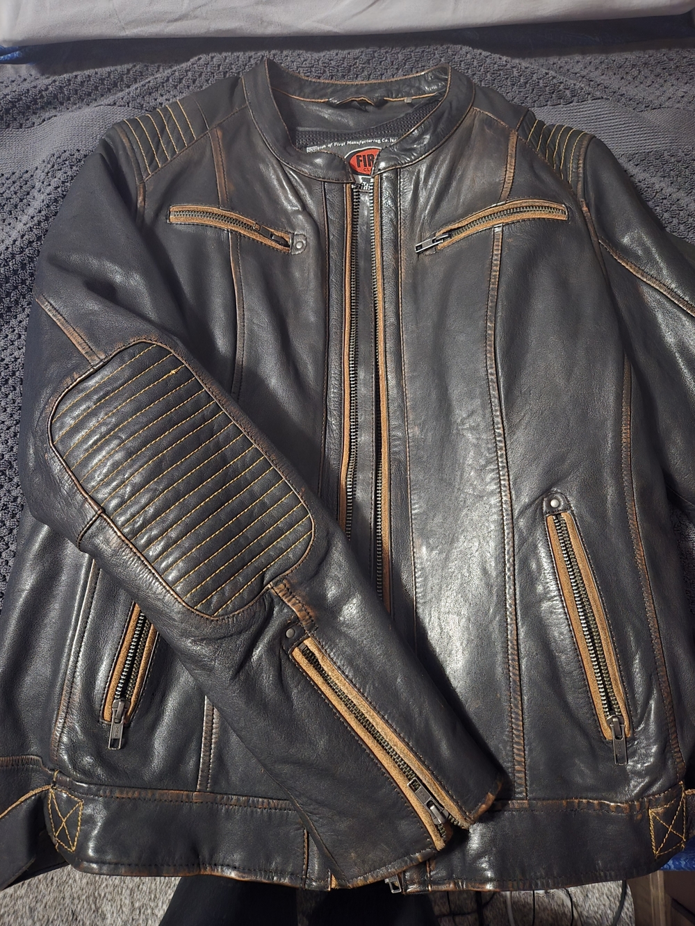 First Manufacturing Co. Distressed Leather Motorcycle Jacket — Café Racer Style